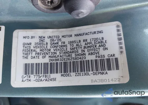 2006 Toyota Corolla Le из США, поврежденный, VIN 1NXBR32E26Z580423